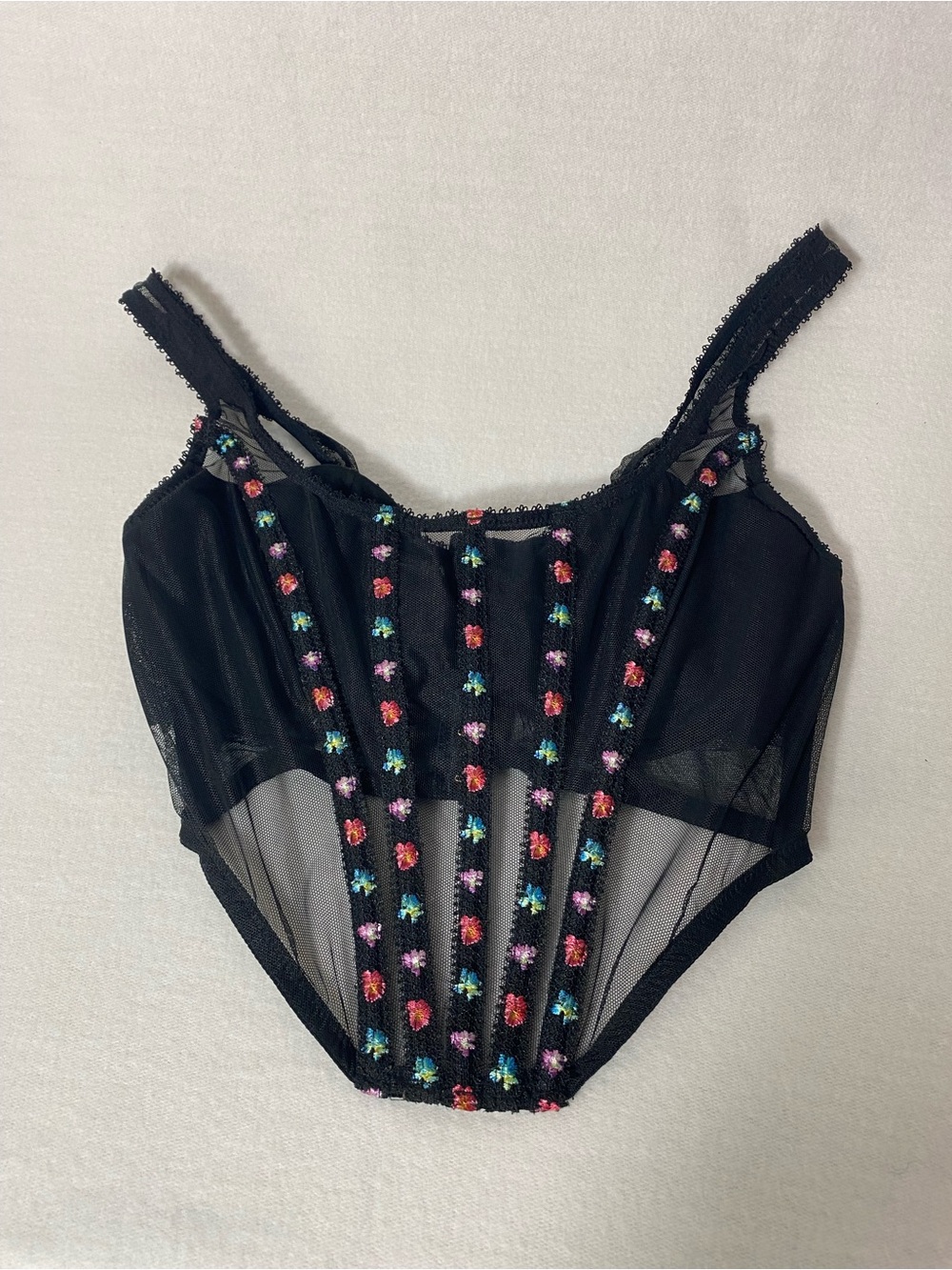 Victoria's Secret Black Mesh Floral Embroidered Boned Corset Top Size M